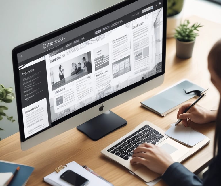 A modern office environment with a team collaborating on web design projects.