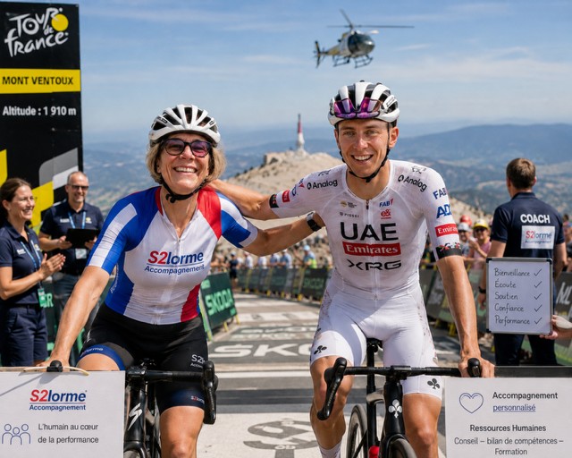 Je suis en photo avec un coureur à une arrivée du Tour de France au sommet du Mont Ventoux