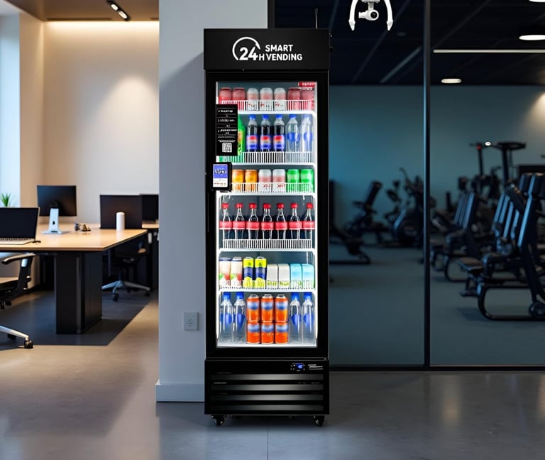 Platinum Elite Vending 24H smart vending cooler stocked with healthy drinks in a modern office and g