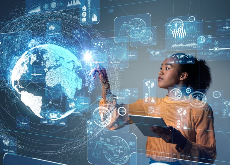 a Data Analyst black woman holding a tablet computer with a globe in the background