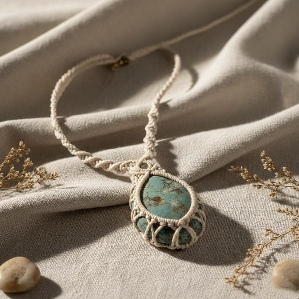 Collar de macramé hecho a mano con colgante de piedra turquesa en forma de lágrima