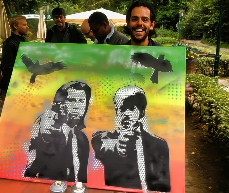 Graffiti workshop in Hamburg canvas artwork, group showing  stencil piece, Street Art Workshop mit Ergebnis