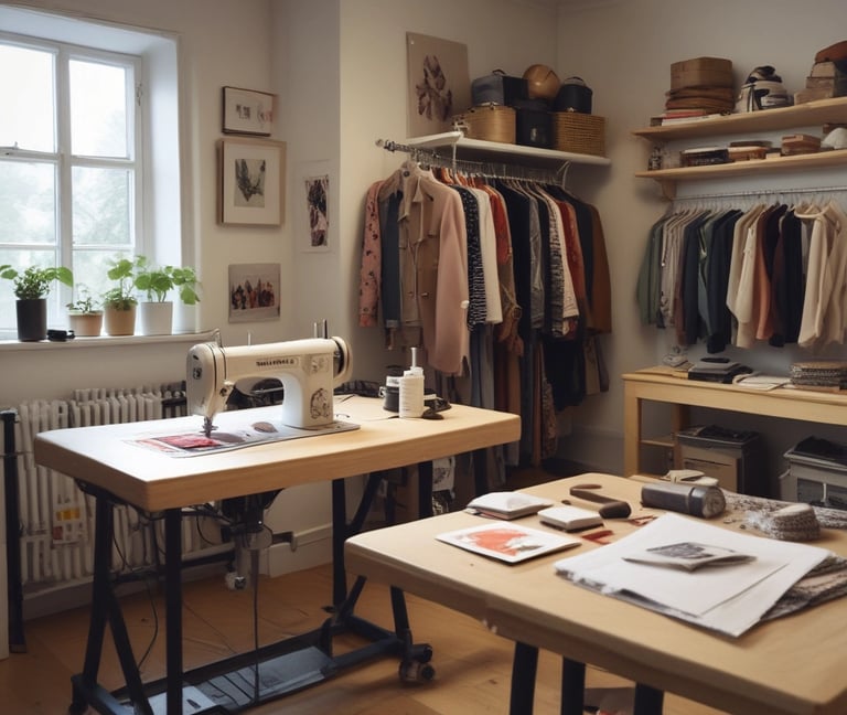 Modern warehouse interior with racks of luxury branded clothing neatly organized.