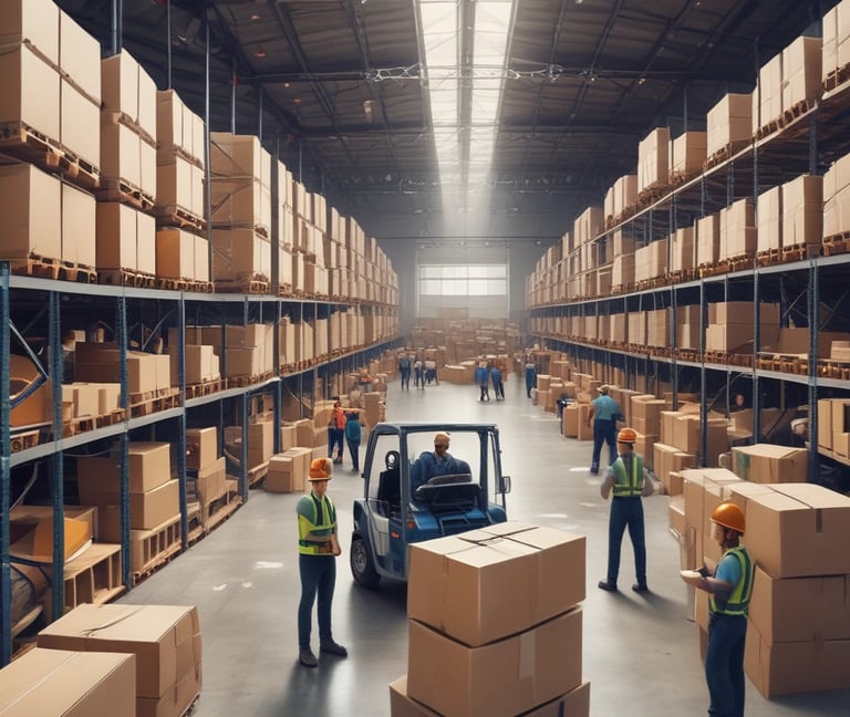 Modern warehouse interior with racks of luxury branded clothing neatly organized.
