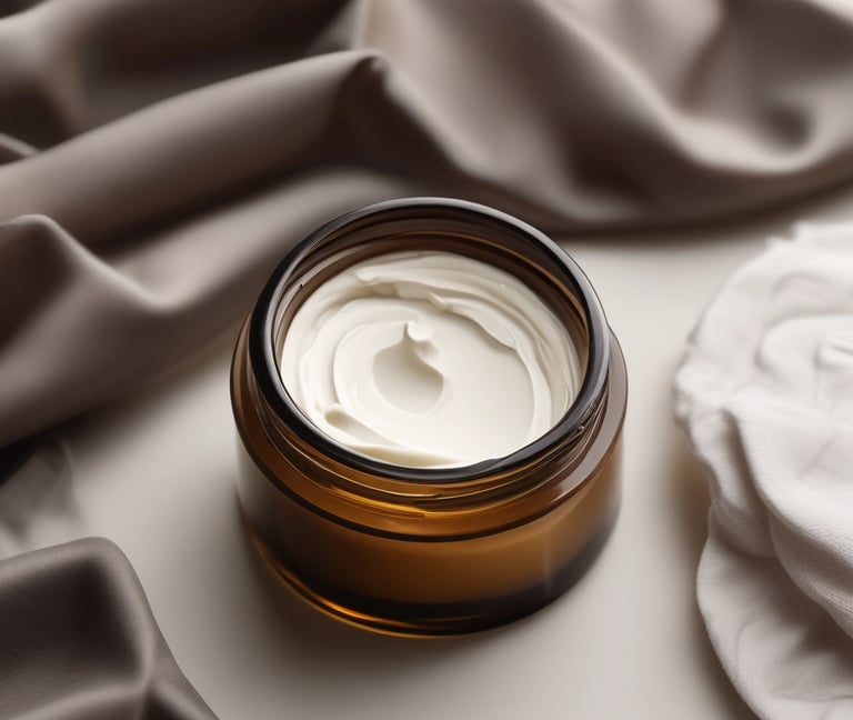 Close-up of creamy tallow-based skincare being gently scooped from an amber jar with black lid.