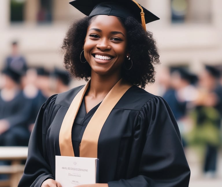 A smiling young female graduate in a black cap and gown holding her diploma at a university commencement ceremony.