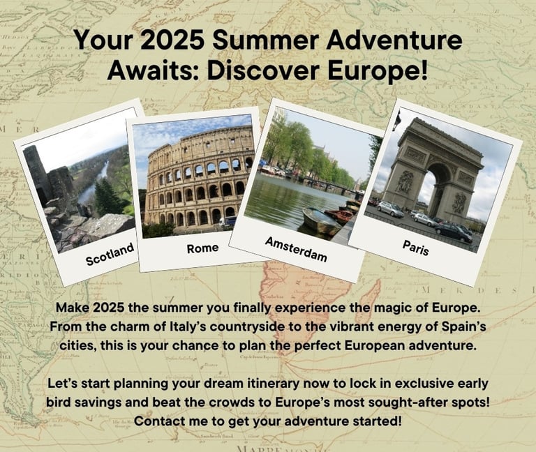 An ad for 2025 European vacations included photos from different European locations