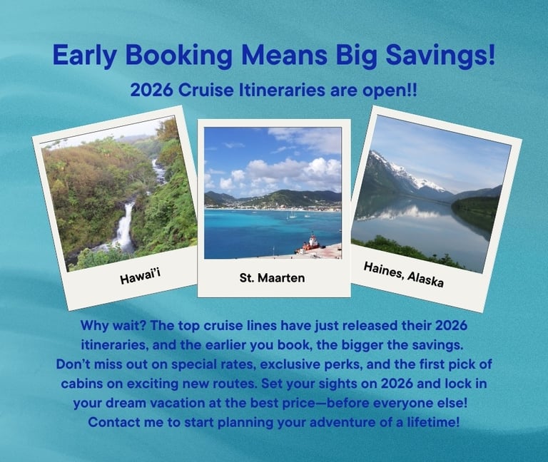 An ad for 2026 cruise itineraries with photos from my cruises