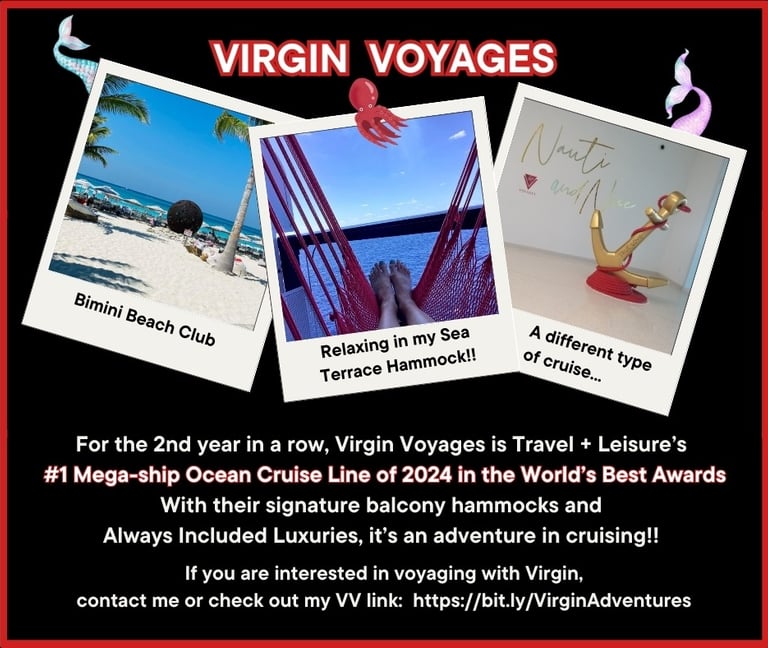 An ad for Virgin Voyages showing photos from my personal cruise