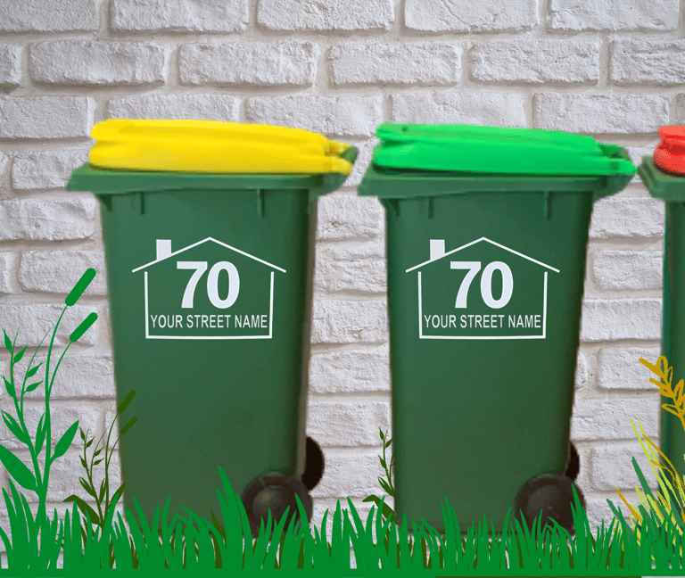 Wheelie bin rubbish bin number and street in a house shape