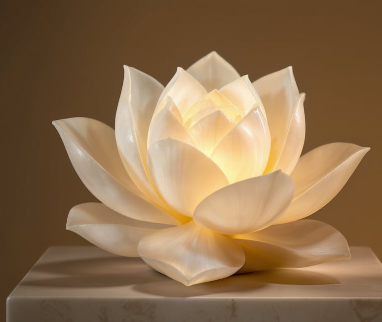 White onyx lotus sculpture glowing softly from within, symbolizing purity and enlightenment in elega
