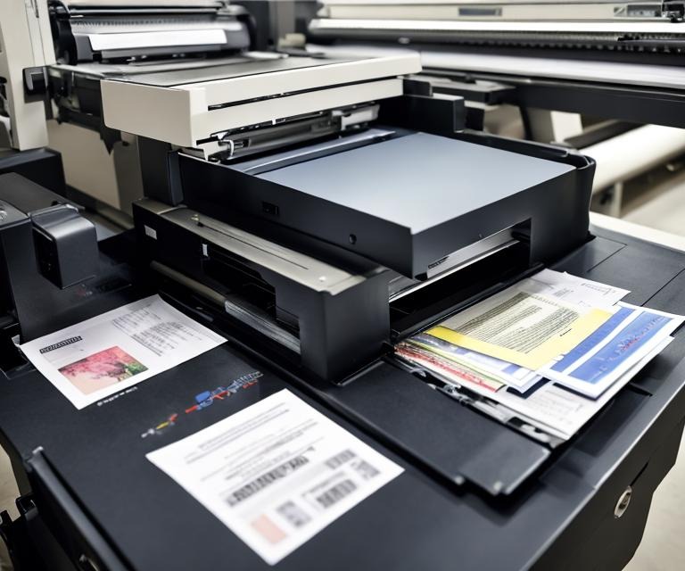 A modern printing machine with printed materials.