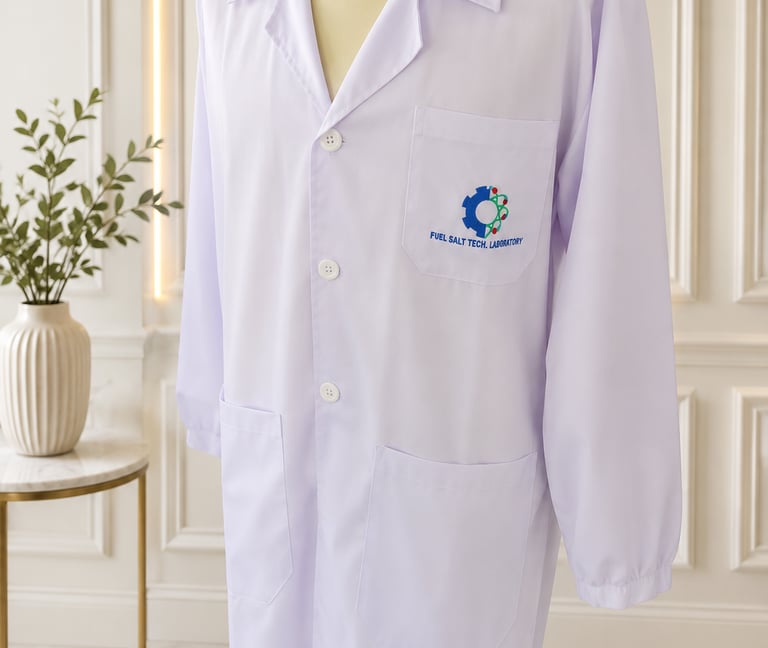 Professional white lab coat with Fuel Salt Tech Laboratory logo on a mannequin.
