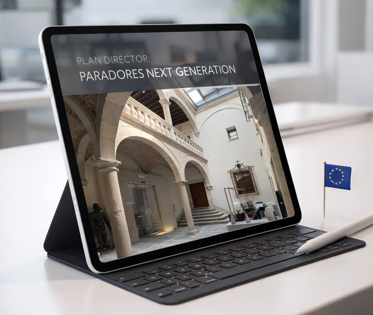 Tablet mostrando la portada del Plan Director de Conservación de Paradores (Mérida, Cáceres, Trujill