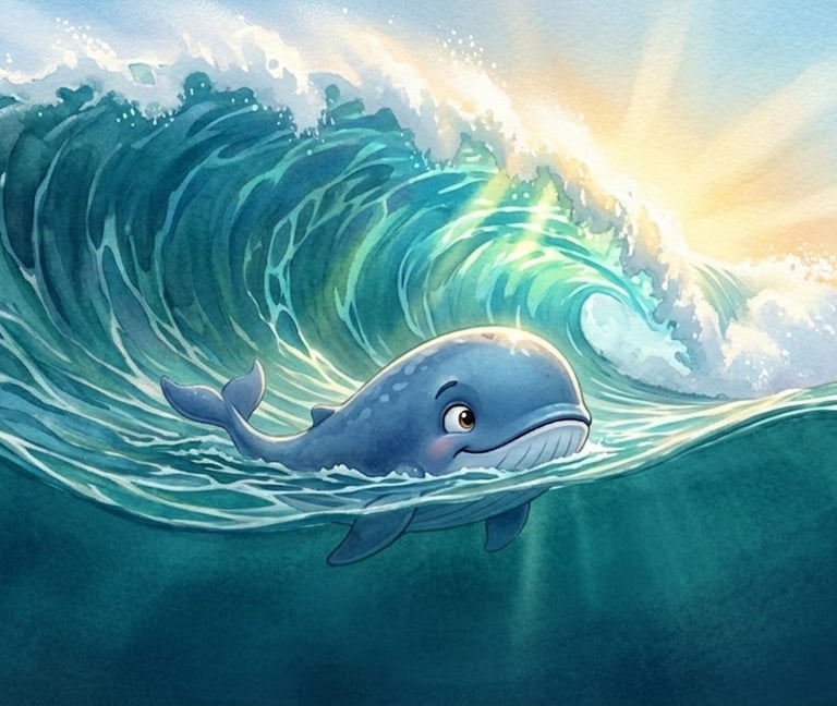 A cute cartoon whale swimming in a large ocean wave during a bright watercolor sunrise.