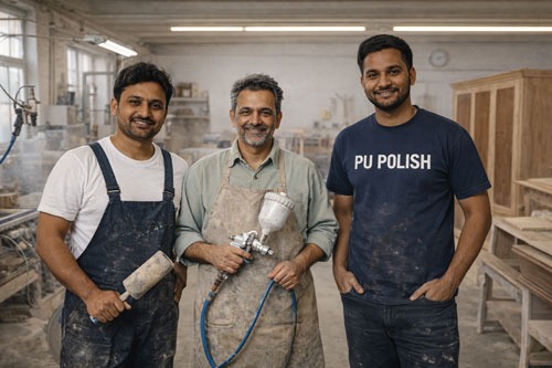 three men standing in a workshop with tools