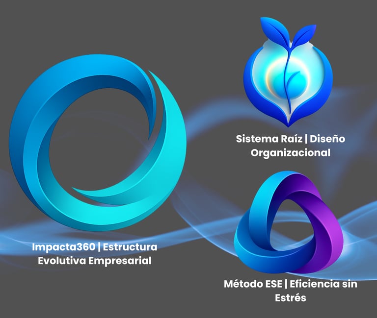 mpacta360, Sistema Raíz y Método ESE que simbolizan evolución empresarial, diseño organizacional, eficiencia sostenible