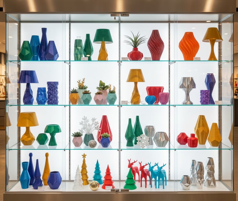 A modern glass display case featuring colorful geometric vases, 3D-printed lamps, and decorative home decor.
