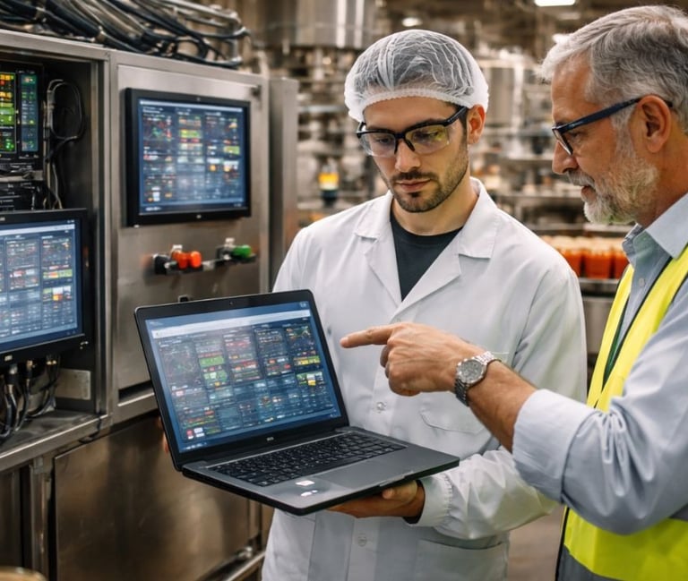 Worker talking about food production efficiency to manager