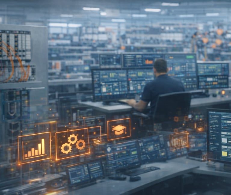 Industrial automation team analyzing SCADA system data for real-time process monitoring