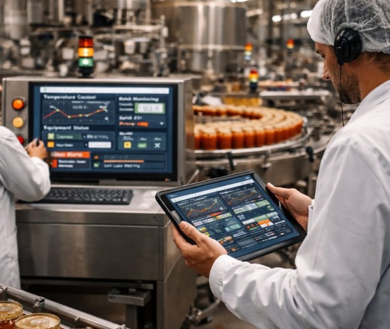 Worker monitoring food production efficiency with SCADA