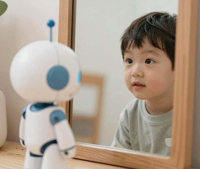 Robot child looking into a mirror at a human child looking back