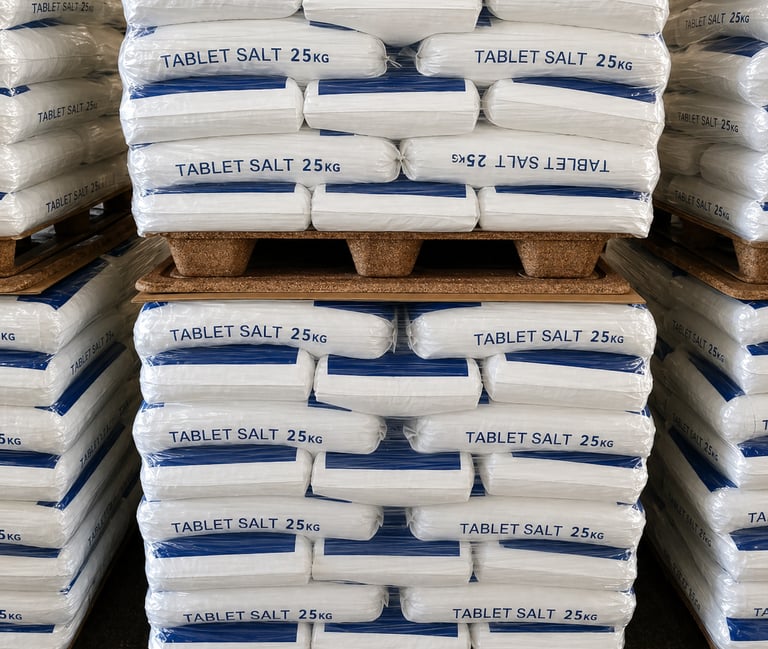 Pallets of 25kg bags of water softener tablet salt stacked in a warehouse.