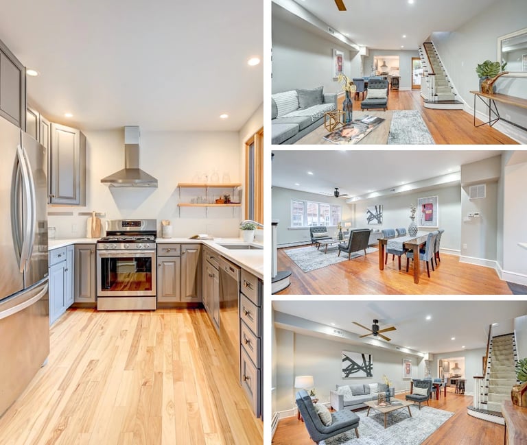 HDR real estate photography of a Philadelphia home showcasing kitchen, living room, and dining areas