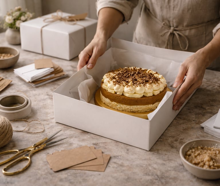 Imagem de bastidor: mãos finalizando sobremesa embalagem sendo preparada bancada limpa visual artesanal e organizado