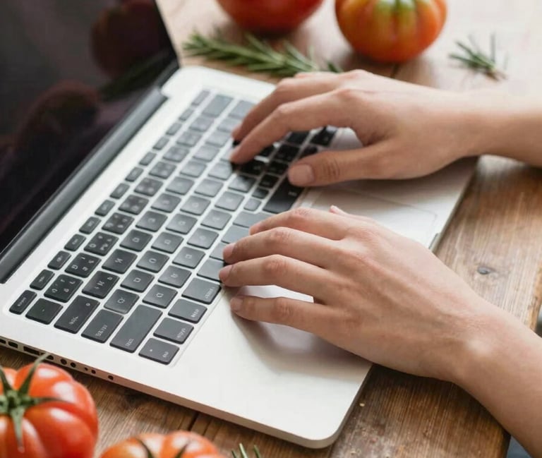 Hands editing editorial food photography on a laptop, surrounded by fresh heirloom tomatoes and rosemary sprigs on a rustic wooden table, soft natural daylight, 35mm