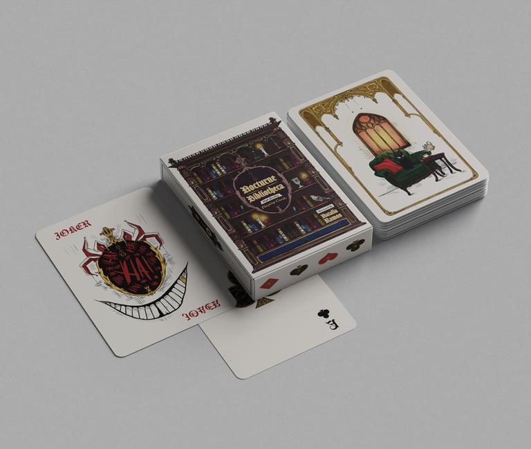 Nocturne Bibliotheca custom playing cards deck with gothic art style and a Joker card.