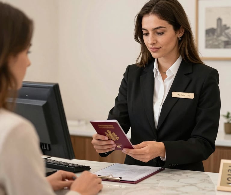 A friendly hotel receptionist using a tablet to check in guests smoothly.