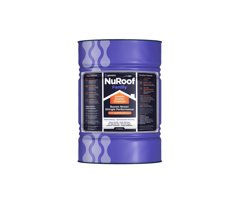 NuRoof Fortify extreme weather protection barrel for shingle roof restoration and durability.