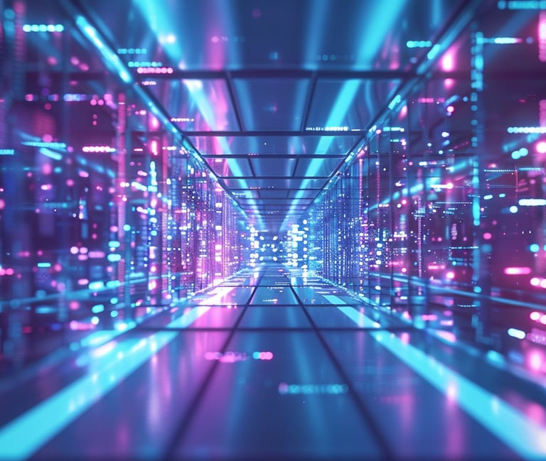 Pasillo futurista que representa el interior de un cerebro de inteligencia artificial e innovación