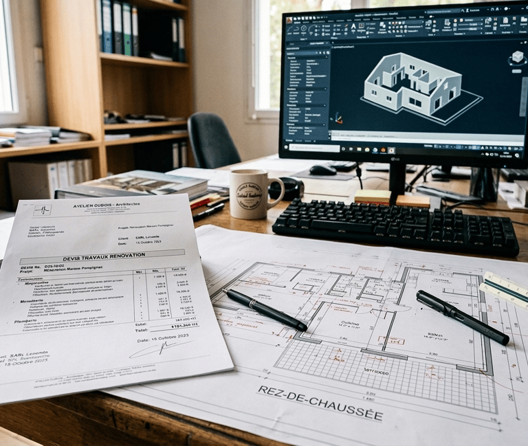Architectural floor plans and renovation documents on a wooden desk with a 3D CAD model on a computer monitor.