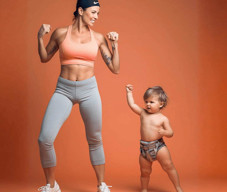 a woman in a sports brailler and a baby in a diaper