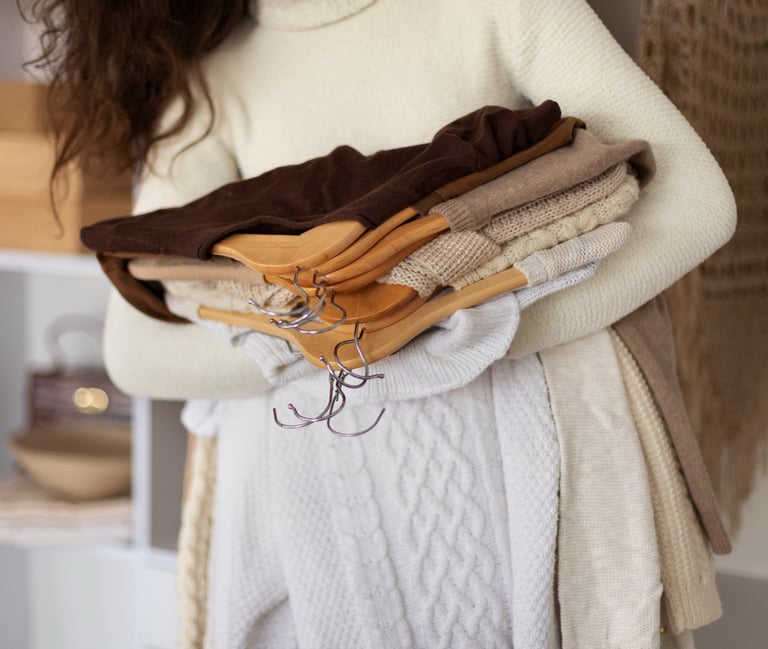 a woman holding a stack of folded folded towels, represents style advice service