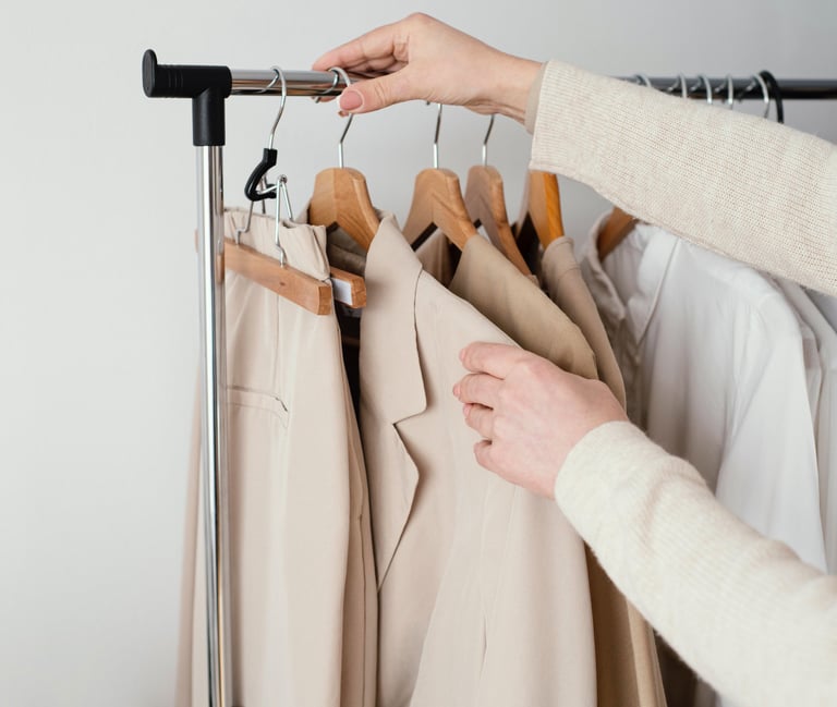 a person holding a rack of clothes and a coat, represents garderobe planning service