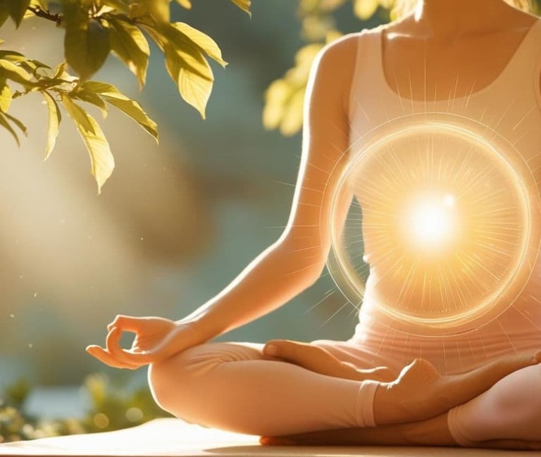 una mujer en estado meditativo está practicando reconexión cuántica bajo la guía de Svitlana Bytka