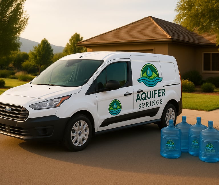 Aquifer Springs delivery van with branded jugs parked in a suburban neighborhood.