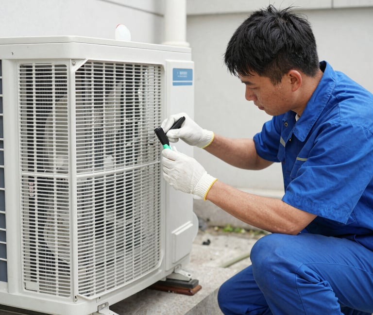 Technician installing an air conditioning unit in a modern home setting.