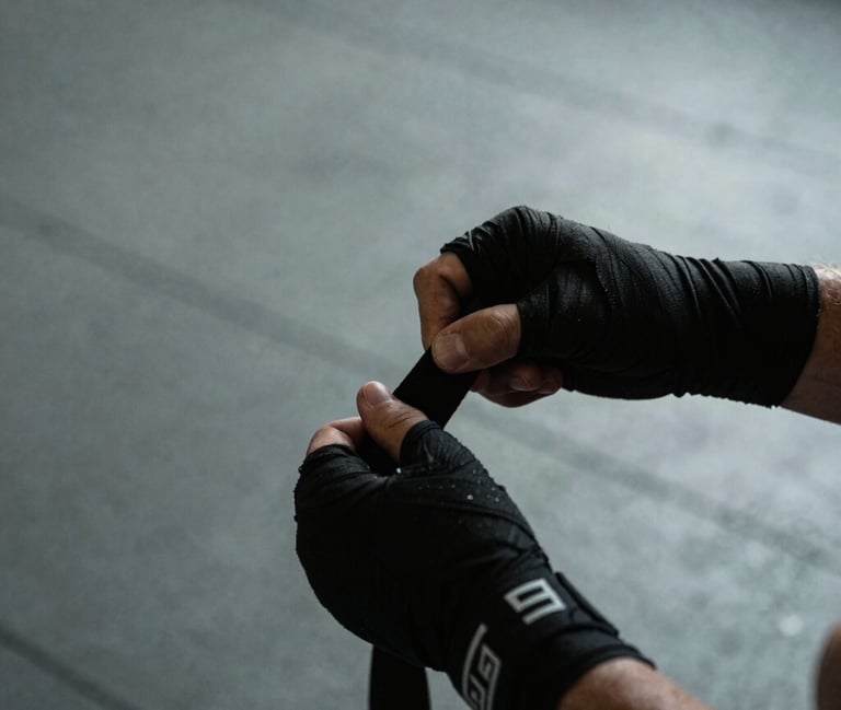 Close-up of athletic hands wrapping black handwraps in a raw concrete gym, dramatic side-lighting, cool desaturated tones, 35mm documentary style.