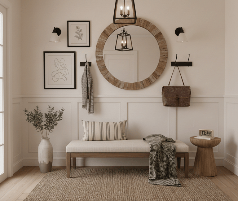 Modern farmhouse entryway with round wood mirror, neutral wall art, bench seating and cozy decor