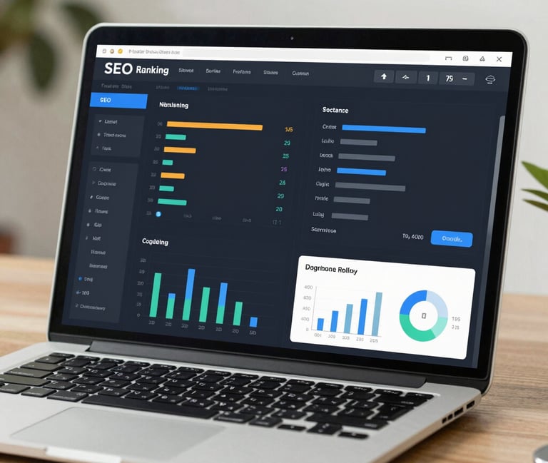 A laptop on a wooden desk displaying an SEO ranking software dashboard with data analytics charts and graphs.