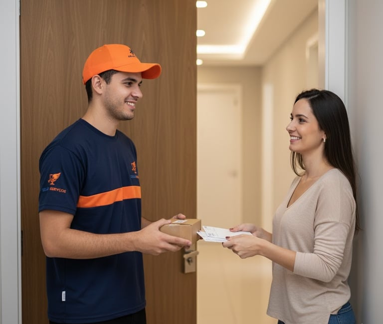 colaborador da empresa fazendo entregas de encomendas para moradora,