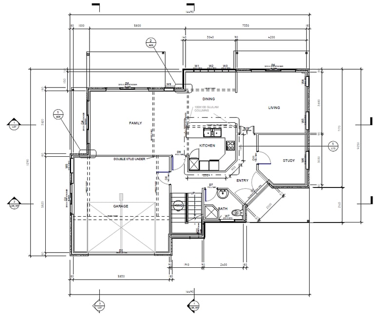 a architect drafting plans of a house with a floor plan and a kitchen, used for building consent 