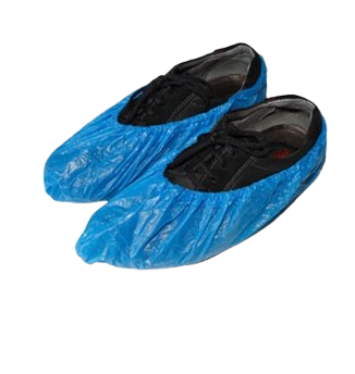 a pair of blue plastic shoe covers on a pair of shoes