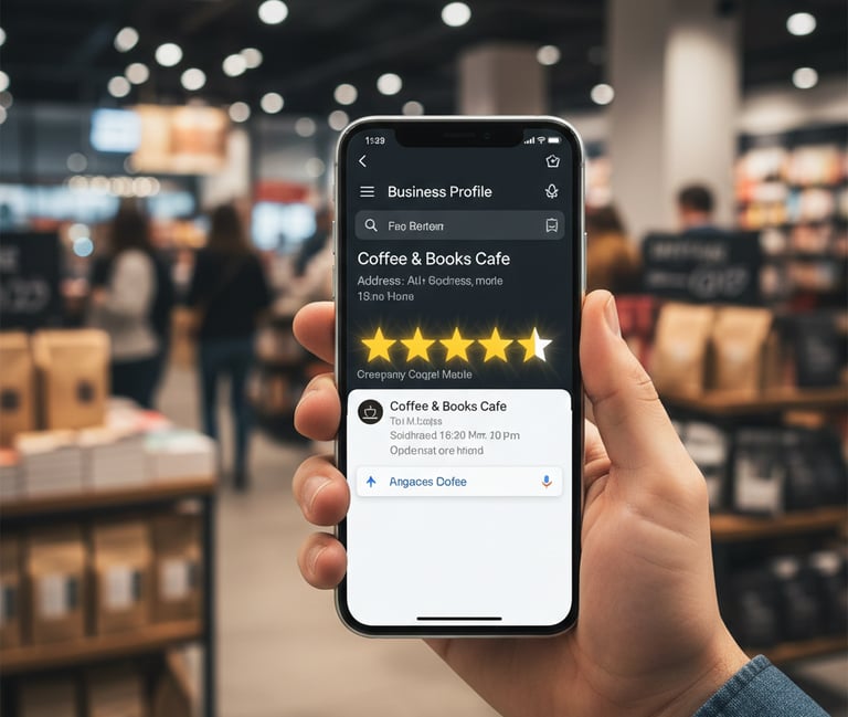 Smartphone exibindo avaliação de cinco estrelas no Google Meu Negócio.