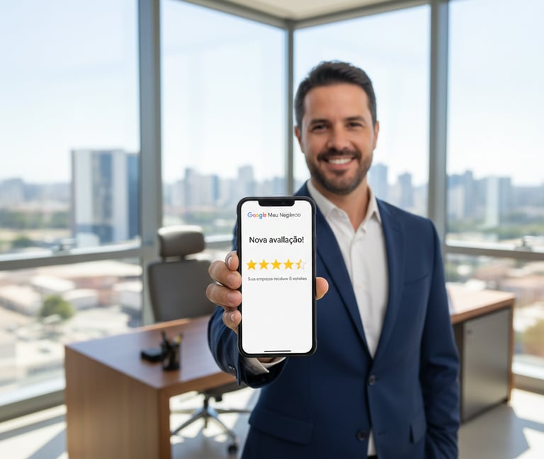 Empresário visualizando avaliação positiva de 5 estrelas no Google Meu Negócio em smartphone.