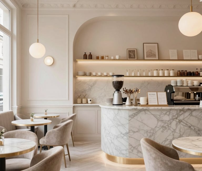 Close-up of architectural blueprints on a neutral-toned desk with modern tools.